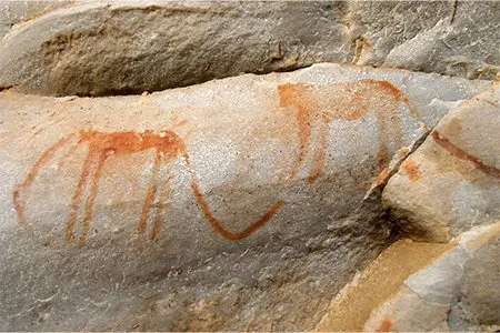 Ancient ochre animal figures on a weathered rock surface